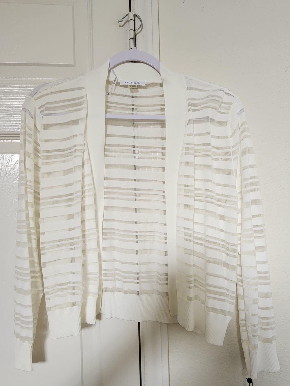 Calvin Klein Cream Sheer Striped Open-Front Cardigan